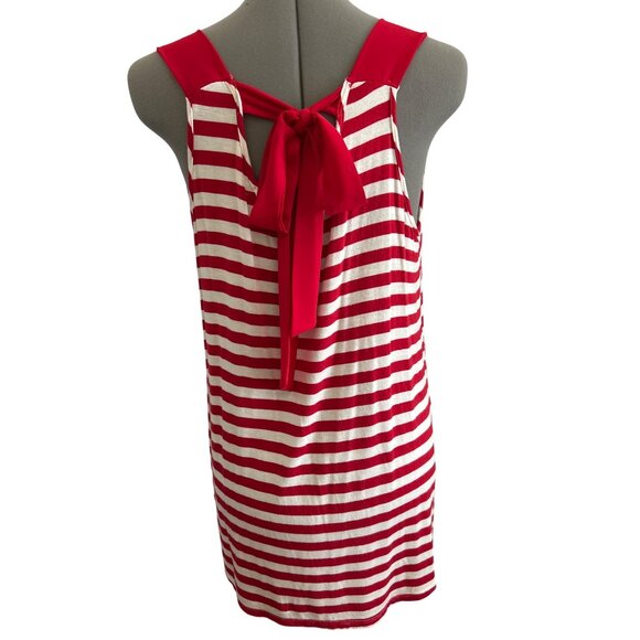 Faith & Joy Red & White L Striped Sleeveless V-Neck Tank Top With Back Bow Tie - Picture 3 of 7